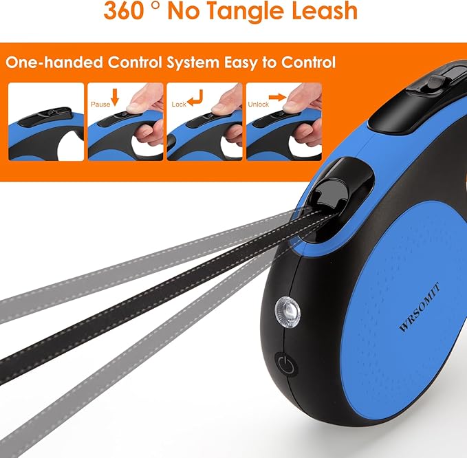 Retractable Dog Leash with Chew Proof Cable and LED Flashlight, 16Ft Heavy Duty Dog Leash for Medium Large Dogs up to 110lbs, 360° No Tangle (Blue+16ft+LED)