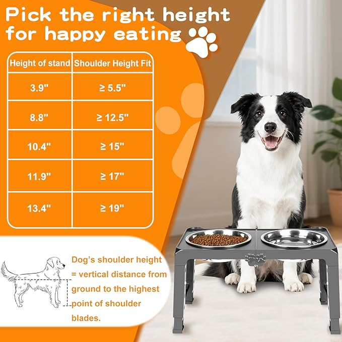 Foldable Elevated Dog Bowl Stand with Dual 7.8" Stainless Steel Bowls, 5 Adjustable Heights (3.9"-13.4"), Anti-Slip Portable Travel Pet Feeder, Fits 5.5"-27" Shoulder Height Dogs, Grey