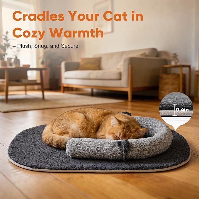 Self Warming Cat Bed Mat with Soft U-Shaped Pillow– Thickened Calming Cat Bed for Kittens and Small Dogs – Portable Washable Cats Warming Pad for Indoor or Travel Use,Black