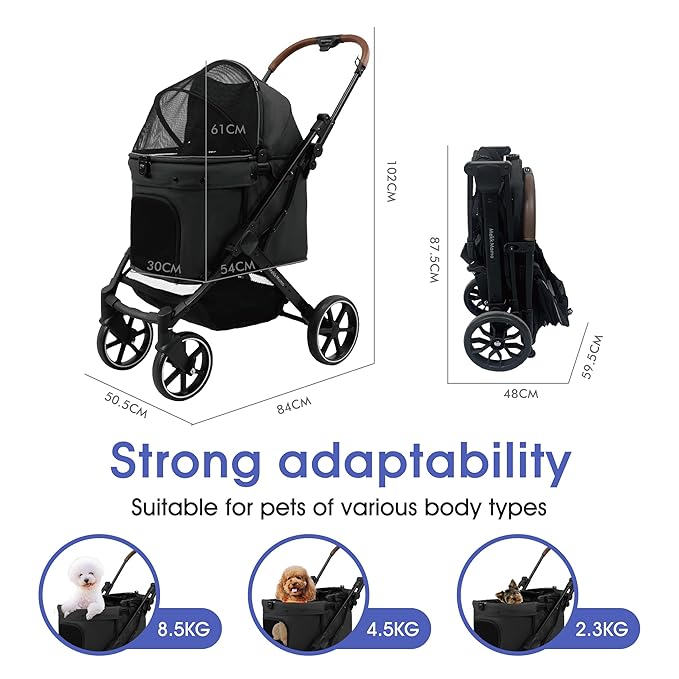 pet Stroller, Suitable for Small and Medium-Sized Dogs, Advanced Four-Wheel Suspension, Detachable Handbag, Lightweight Aluminum Frame, one Click Folding, Suitable for Outdoor Travel - Black