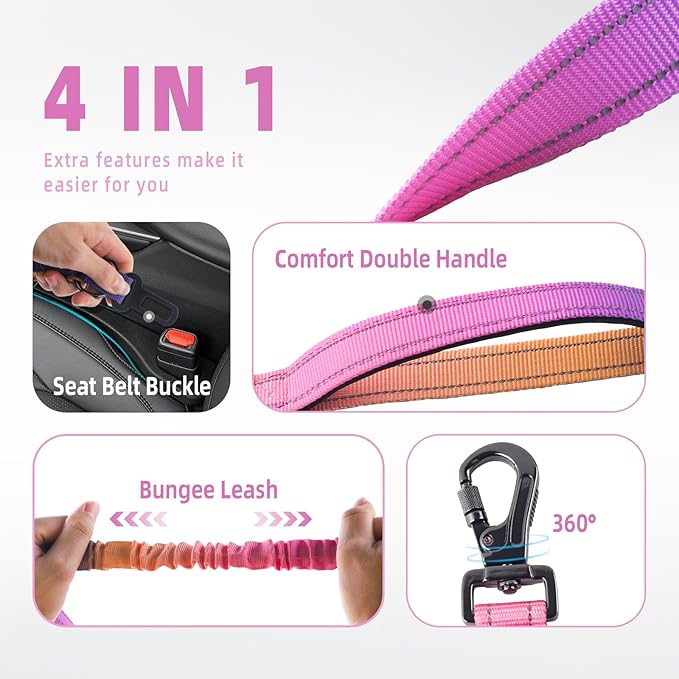 Roses&Poetry Hands Free Dog Leash for Medium Large Dogs Heavy Duty, No Pull Bungee Dog Running Waist Leash for Walking Training with Car Seatbelt 4-6FT