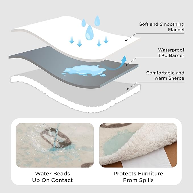 Bedsure Waterproof Dog Blankets for Medium Dogs Washable - Soft Print Sherpa Fleece Puppy Cat Blanket, Cozy Plush Reversible Throw Furniture Protector for Pet Kitten Doggy, 30"X40", Beige