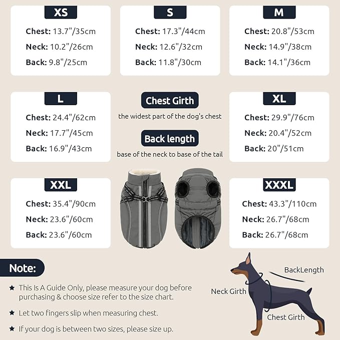 Dog Winter Coat with Harness Built in Warm Puffer Dog Jackets for Small Medium Large Dogs Windproof Waterproof Outfit with Plush Lining and Reflective Stripes (Grey, L)