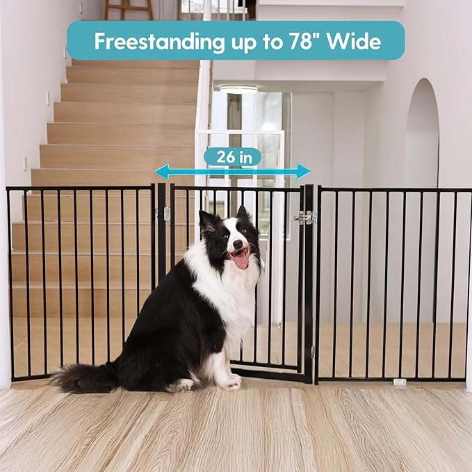 No Pawblems Free Standing Dog Gate with Door, 30'' Tall Foldable Dog Fence for Indoor & Outdoor, Up to 78 Inch Extra Wide Puppy Gate for Stairs, Hallways, Doorways, Deck, Yard (Black, 3 Panels)