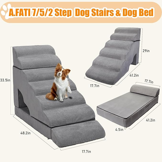 7-Step Dog Stairs for High Beds, 34" H Pet Ramp Stairs for 30-36 Inch Couch Bed, Non-Slip Indoor Pet Stairs for Small Old Large Dogs and Cats