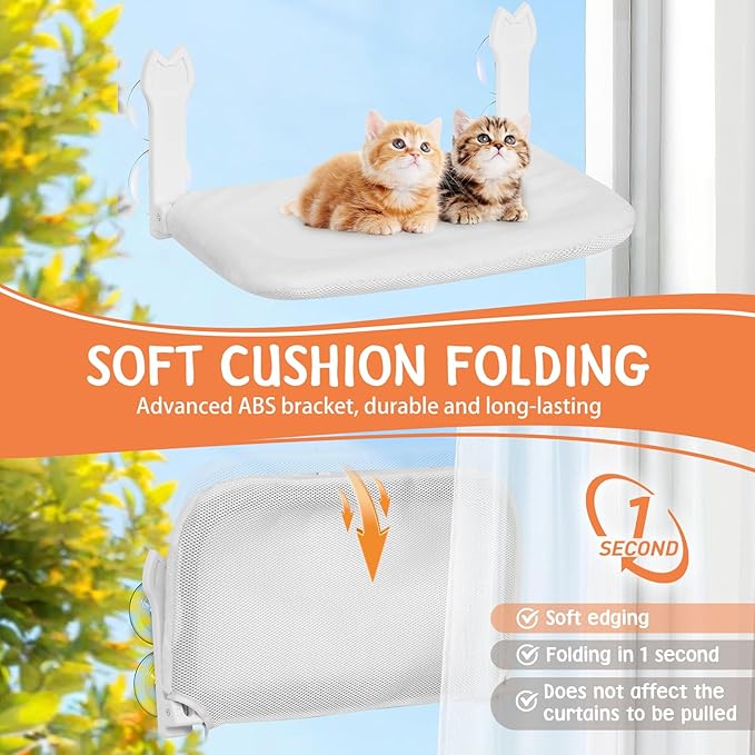 2 Pack Cat Window Perch,Cat Window Hammock Cordless Foldable Window Bed with 4 Large Strong Suction Cup,Reversible Cushion Cover,Metal Frame Easy to Adjust Window Seat Holds up to 40lbs(White，M)