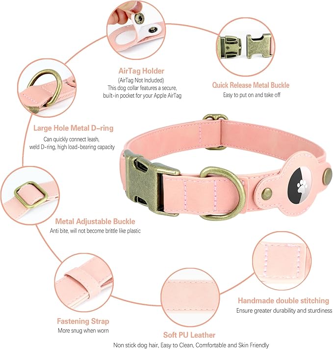 AirTag Dog Collar for Large Dogs Puppy - Soft Leather Dog Collar with Apple AirTag Holder and Metal Buckle - Smart Tracker GPS Apple Air Tag Pet Collars (Pink, L)