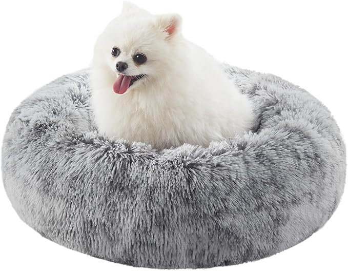 23 inches Donut Dog Bed for Small Dogs - Calming Washable Round Puppy Bed with Removable Cover, Fluffy Plush Pet Bed for Cats & Dogs, Fits up to 25 lbs Pets (Dark Grey,Small)