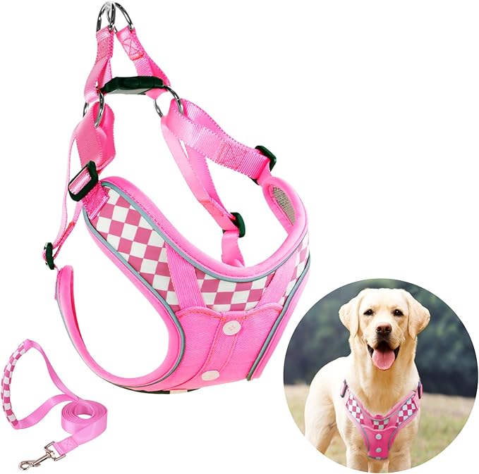 Dog Harness with Leash Set, No Pull Reflective Strips Adjustable Step in Collars with Breathable Padded Vest Harness for Large Dogs Training and Running (L Pink)