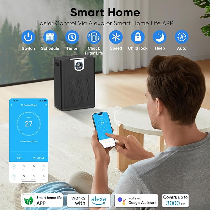 DAYETTE Smart Air Purifiers for Home Large Room with Fragrance, H14 Air Purifier with Washable Filters Up to 3000 Ft², APP & Voice Control & 22 dB Sleep Mode for Bedroom Living Room, Black