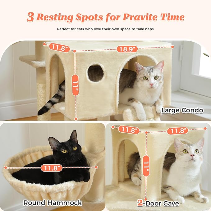 64-Inch Large Cat Tree for Indoor Cats, Multi-Level Tall Cat Tower with 2 Soft Top Perches, 2 Caves, 5 Sisal Scratching Posts, 2-in-1 Scratching Ramp, 1 Hammock & 3 Pompoms, Beige