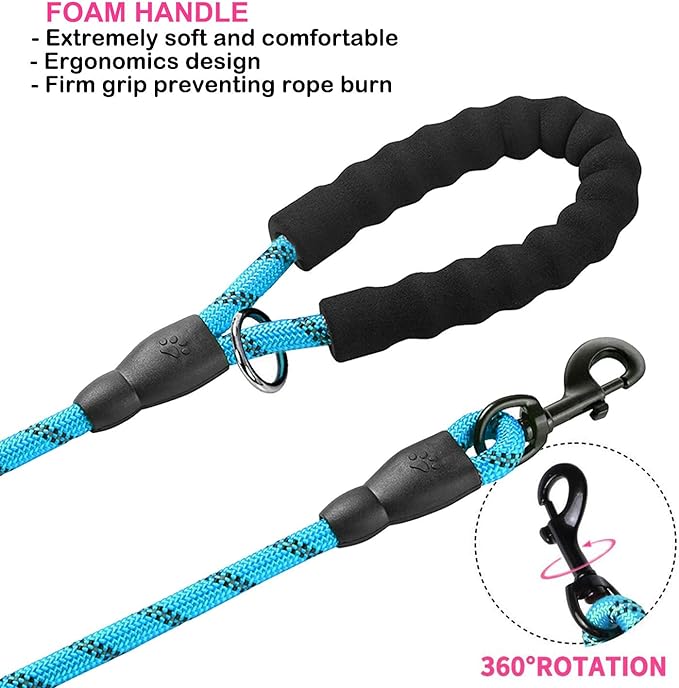 JSXD Heavy Duty Double Handle Dog Leash - 5 FT, Padded & Reflective, Rope for Small to Large Dogs (Blue)