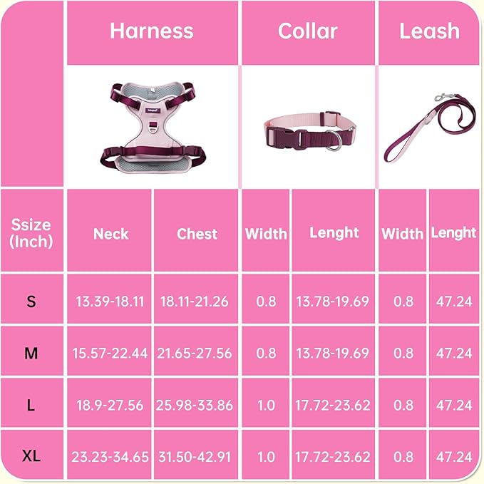 No Pull Dog Harness Leash and Collar Set, Soft Adjustable Dogs Vest Reflective and Comfortable Handle Pink X-Large