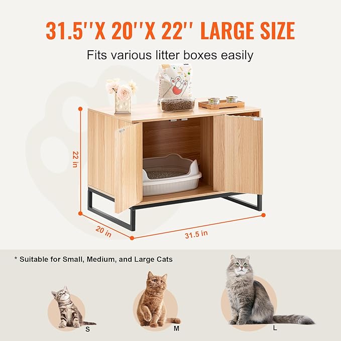 VEVOR Cat Litter Box Enclosure, Hidden Litter Box Furniture, Wooden Cat Washroom Indoor with 2 Doors & Sturdy Metal Legs, Cat House Cabinet Hidden Fit Most Litter Box, 31.5"L x 20"W x 22"H, Brown