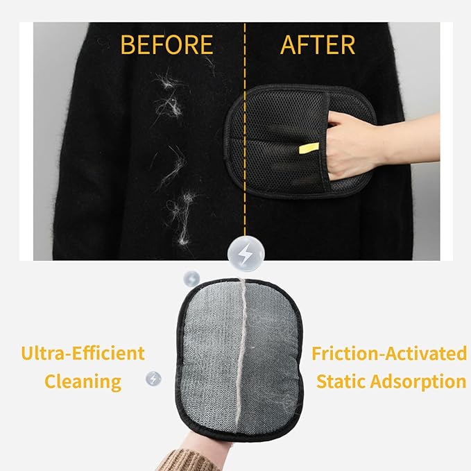 Pair Pack Electrostatic Pet Hair Remover Gloves - 2pcs Grooming Gloves for Dog Cat, Reusable Washable Fur Removal for Clothes, Bedding, Furniture, Carpet, Car Seats