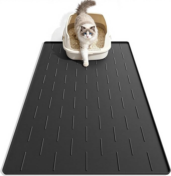 Pieviev Silicone Cat Litter Trapping Mat, 34''x22'' Large Cat Litter Mat, Easy to Clean & Soft on Kitty Paws, Waterproof Kitty Litter Pads for Indoor Cats, Black