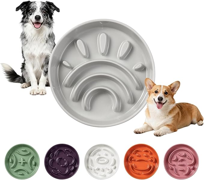 Ceramic Slow Feeder Dog Bowl - Maze Dog Bowl to Slow Down Eating - Fun Feeder for Fast Eaters - Ideal Food Control Dish for Medium to Large Breeds - 8.2 Inch - 1.8 Cups (180g) - Grey