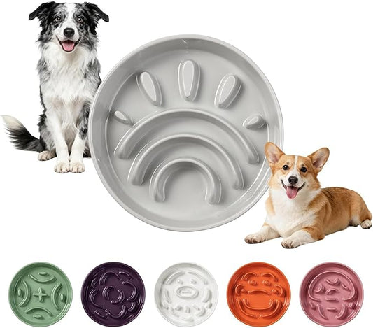 Ceramic Slow Feeder Dog Bowl - Maze Dog Bowl to Slow Down Eating - Fun Feeder for Fast Eaters - Ideal Food Control Dish for Medium to Large Breeds - 8.2 Inch - 1.8 Cups (180g) - Grey