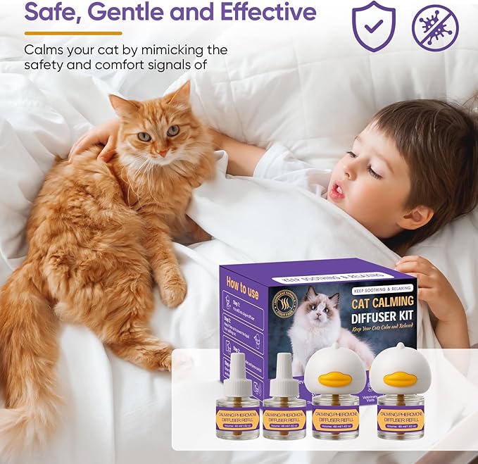 Cat Calming Pheromone Diffuser Kit, 2 Plug-Ins + 4 Refills (48ml Each), Long-Lasting Stress & Anxiety Relief, Reduces Fighting, Spraying & Scratching, Safe & Drug-Free Comfort for All Cats and Kittens