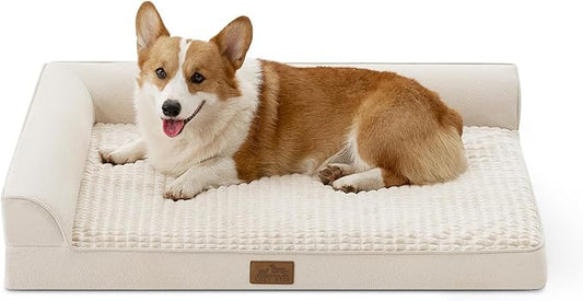 Orthopedic Dog Bed for Large Medium Size Dog, Dogs Crate Bed, L Shaped Foam Anti-Slip Bottom Pet Cat Sofa with Washable Removable Cover, Suitable for Pet Up to 75 lbs, 36x27x6.5 inch, Beige