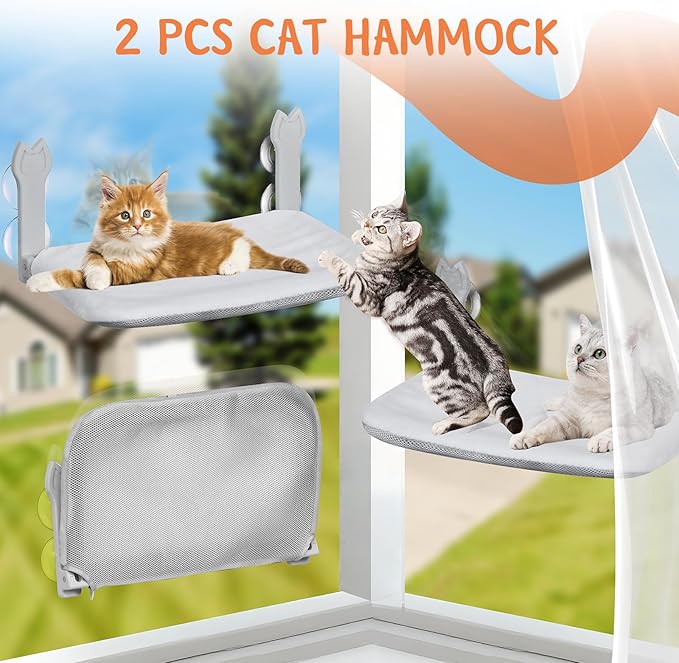 2 Pack Cat Window Perch,Cat Window Hammock Cordless Foldable Window Bed with 4 Large Strong Suction Cup,Reversible Cushion Cover,Metal Frame Easy to Adjust Window Seat Holds up to 40lbs(Dark Gray，M)