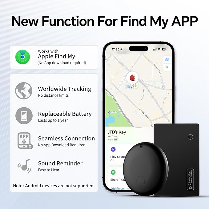 JTD Mini Trackers & Wallet Tracker Card, Find My Smart Wallet Card Rechargeable, IP68 Waterproof, Compatible with Apple (iOS Only), Luggage Label Item Locator (2tags1card)