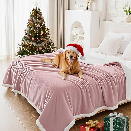 Smiry Waterproof Blanket Throw for Large Dogs, Soft Reversible Dog Blanket for Sofa Couch Bed, Washable Leakproof Sherpa Fleece Furniture Couch Protector(60"x80", Pink/White)