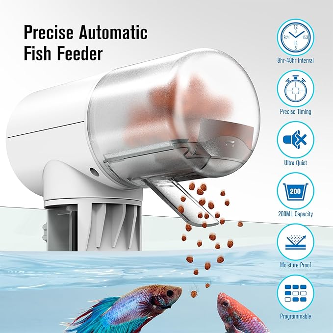 Automatic Fish Feeder Dispenser for Aquarium, 200ml Large Capacity Auto Turtle Fish Feeder for Small Tank, Battery Powered Food Feeding Timer for Flakes Pellet Vacation, Batteries Included