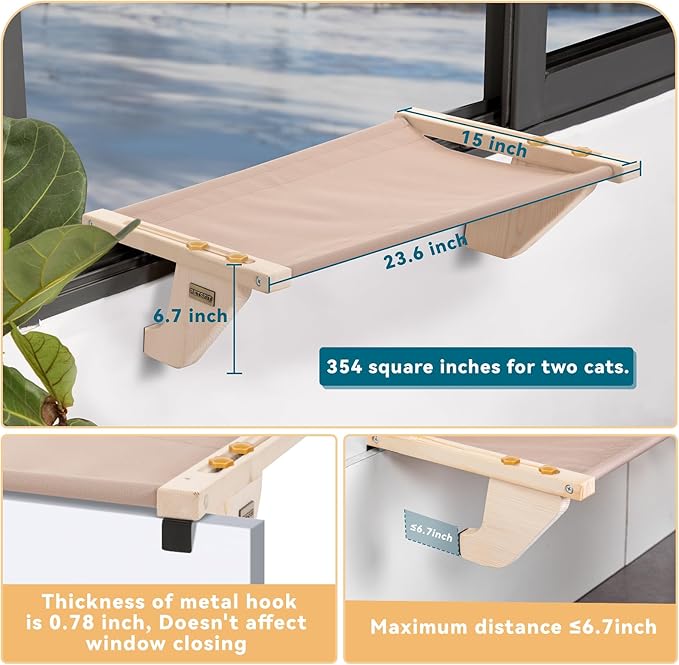 PETSFIT Cat Window Perch, Hammock Window Seat with Solid Wood Support, Metal Frame & 2 Removable Pads, Easy to Adjust & Assemble Cat Bed for Windowsill, Bedside and Drawer