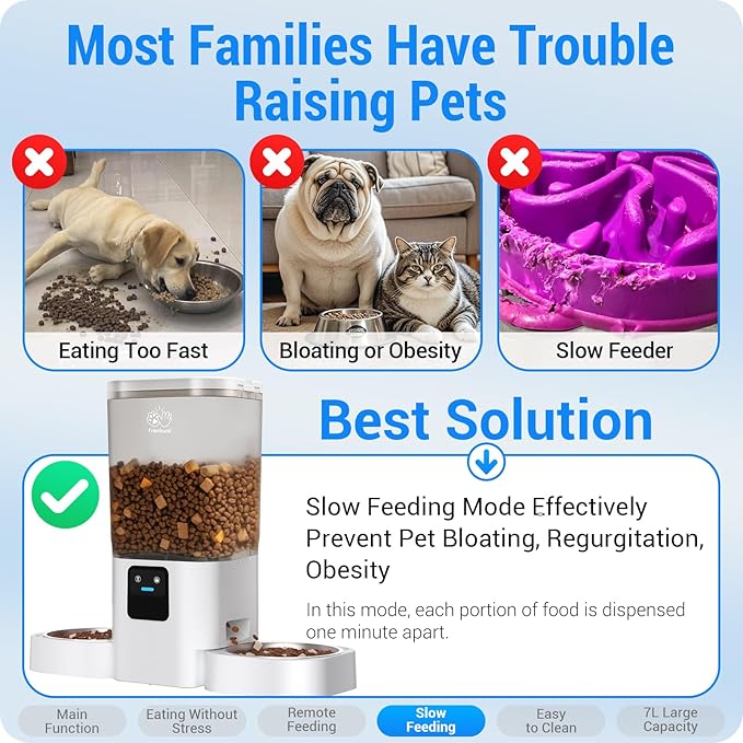 5G WiFi Automatic Cat Feeder 2 Cats with Slow Feed: Dual Automatic Dog Feeder with APP Control, Cat Food Dispenser for Multiple Pets, Detachable for Easy Clean, 7L Large Food Storage -29 Cup