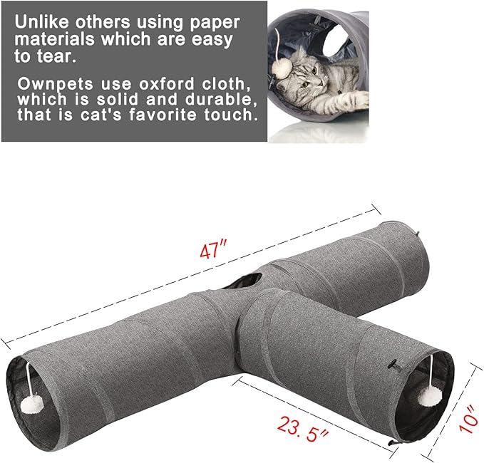 Ownpets Cat Tunnel, 3 Way Collapsible Kitty Tunnel 47 inch Long Cat Tube with Plush Ball & Feather Toy, Cat Play Tunnel for Indoor Cat, Kitten, Rabbit