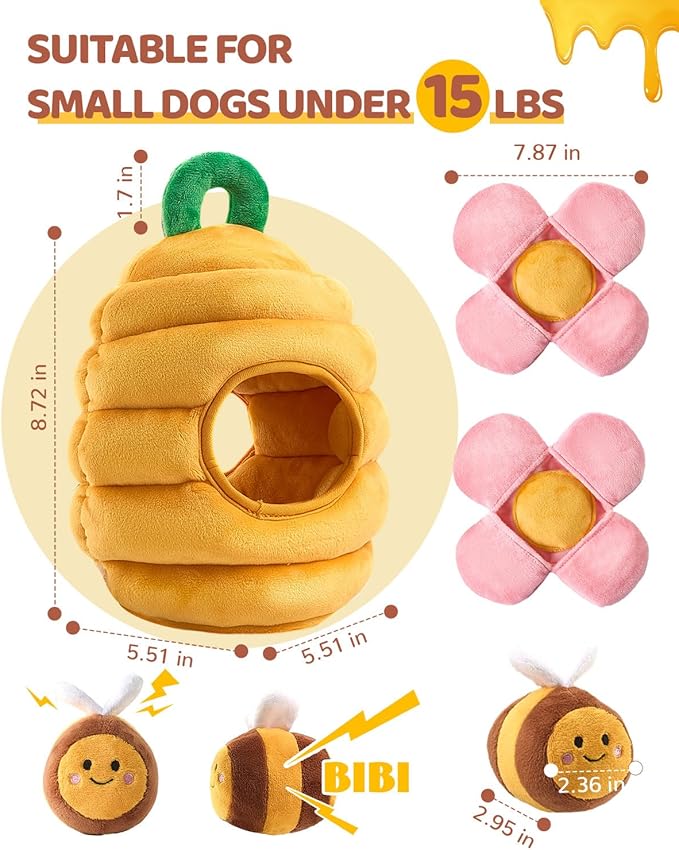 BurgeonNest Dog Toys for Small Dogs,Interactive Plush Squeak Puzzles Chewers to Keep Them Busy,1 Beehive 3 Squeaky Bees,2 Treat Petals,Puppy Xmas Present