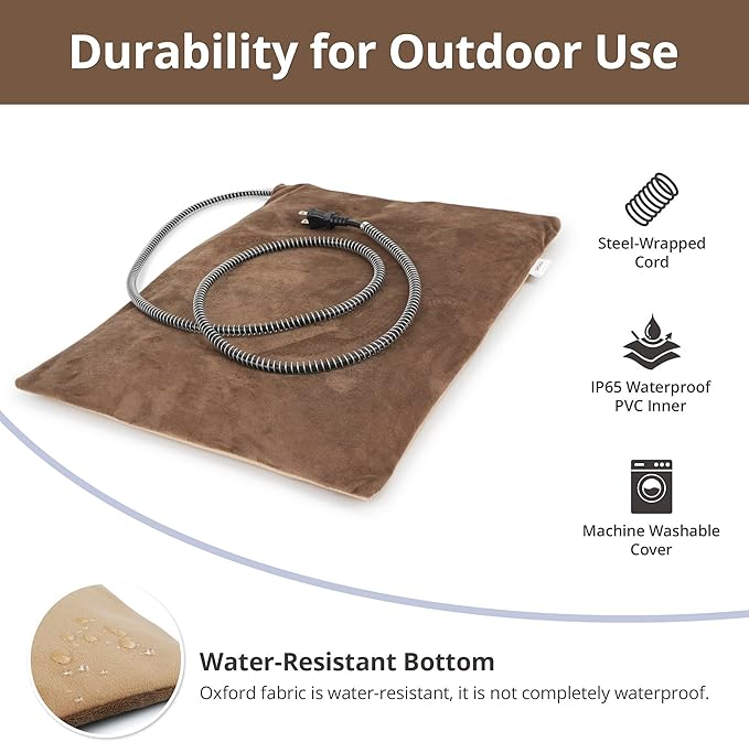 Outdoor Heated Cat Bed, Soft Pet Heating Pad with Steel-Wrapped Cord, Outside Pet Warmer for Feral Cats and Dogs, 19.7" x 15.7", 40 Watts