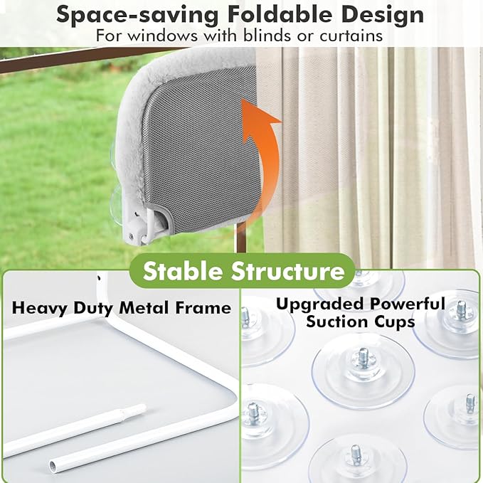 2PC Cat Window Perch with Bolster Foldable Cat Hammock Cushion Bed for Window with Metal Frame, Large Suction Cups Cordless Window Resting Seat for Indoor Cats (Cushion Bed, 2PC)