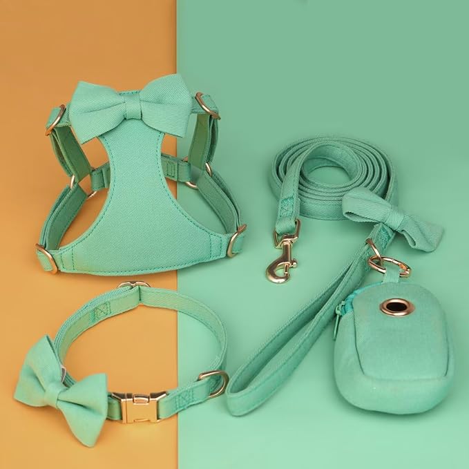 Beirui Cute Small Dog Harness Set with Three Detachable Bows, Adjustable Step in Dog Harness Collar and Leash Set with Secure Metal Buckle for Daily Walking, Parties & Holiday Outfits(Teal,S)