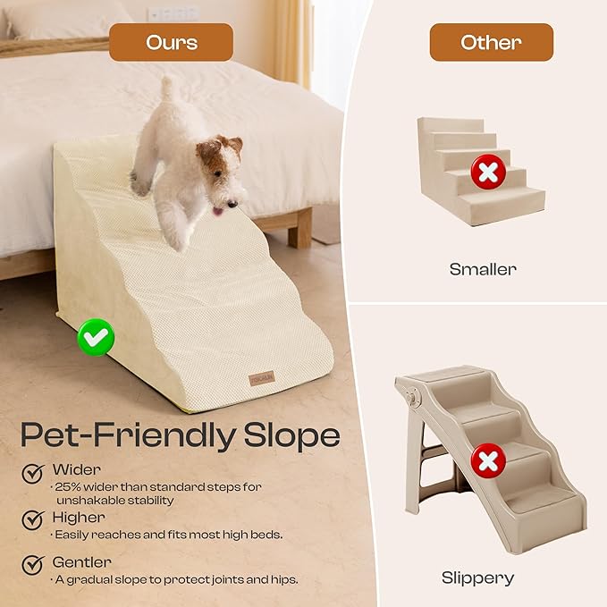 Extra Wide Dog Stairs for Large Dogs Up to 80lbs, 25" Pet Steps for High Bed with Washable Cover, 5-Step Foam Bed & Couch Ladder for Small Medium Dogs & Senior Cat, Beige