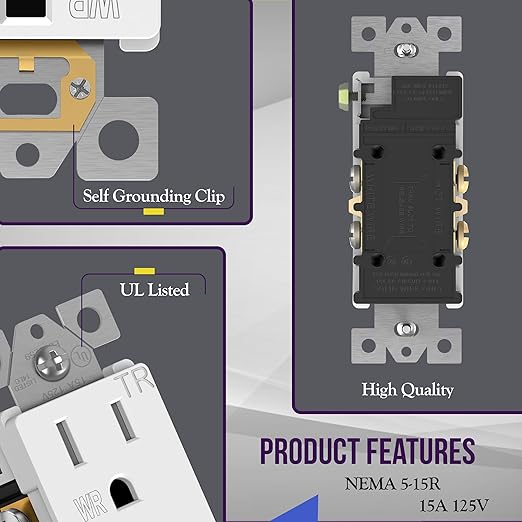 ENERLITES Decorator Receptacle, Tamper-Weather-Resistant, Gloss Finish, Residential Grade Outdoor Outlet, 15A 125V, Self-Grounding, 2-Pole, 3-Wire, 5-15R, UL Listed, 61501-TWR-W, White