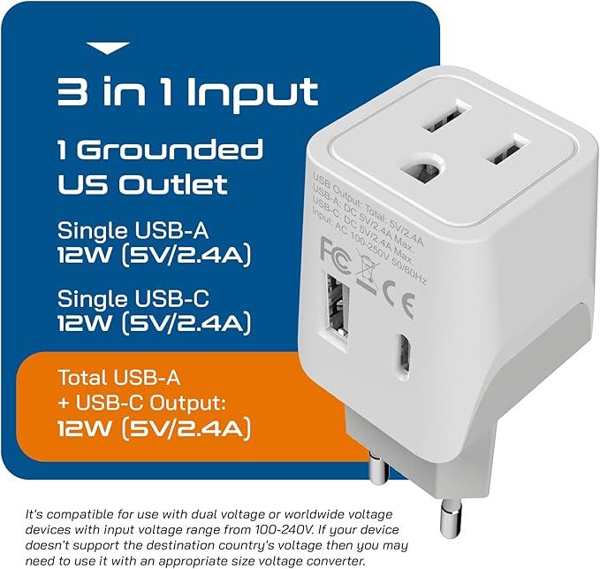 Ceptics 3 in 1 European Travel Plug Adapter - Compact Type C Adapter with USB-A & USB-C, Ideal for Phones, Laptops, Cameras & More, Perfect for Belgium, France and other EU countries - CTU-9C