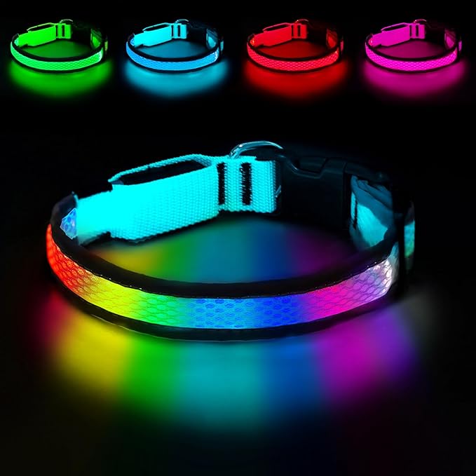 LED Dog Collar, Light Up Dog Collar USB Rechargeable, Nylon Adjustable Comfortable Soft Bright RGB 7 Colors Changeing Safety Light Glowing Collar for Medium and Large Dogs(Medium,Blue)