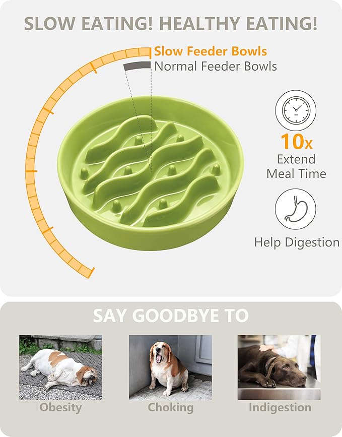 Ceramic Slow Feeder Dog Bowls for Medium and Large Dogs, 2.0 Cups Dog Slow Feeder for Fast Eater, 30oz, 8in, Lime Green