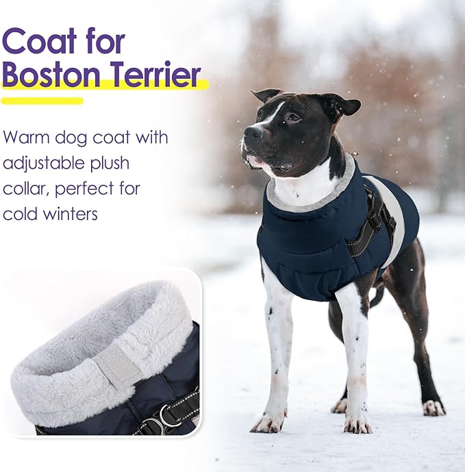 SUNFURA Dog Coat, XXL Dog Jacket Winter with Harness Built in, Waterproof Pet Snow Jacket with Furry Collar for Chilly Day, Reflective Fleece Snowsuit for Extra Large Dogs, Navy Blue 2XL