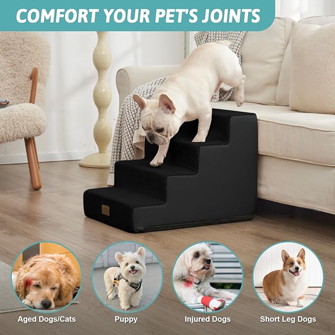 Dog Stairs for Small Dogs, 4 Tier Pet Stairs for Couch and Beds, 17.7" H Non-Slip Dog Steps for Old Cats, Puppy, Small Medium Dogs, 15.7x23.6x17.7 inch, Black