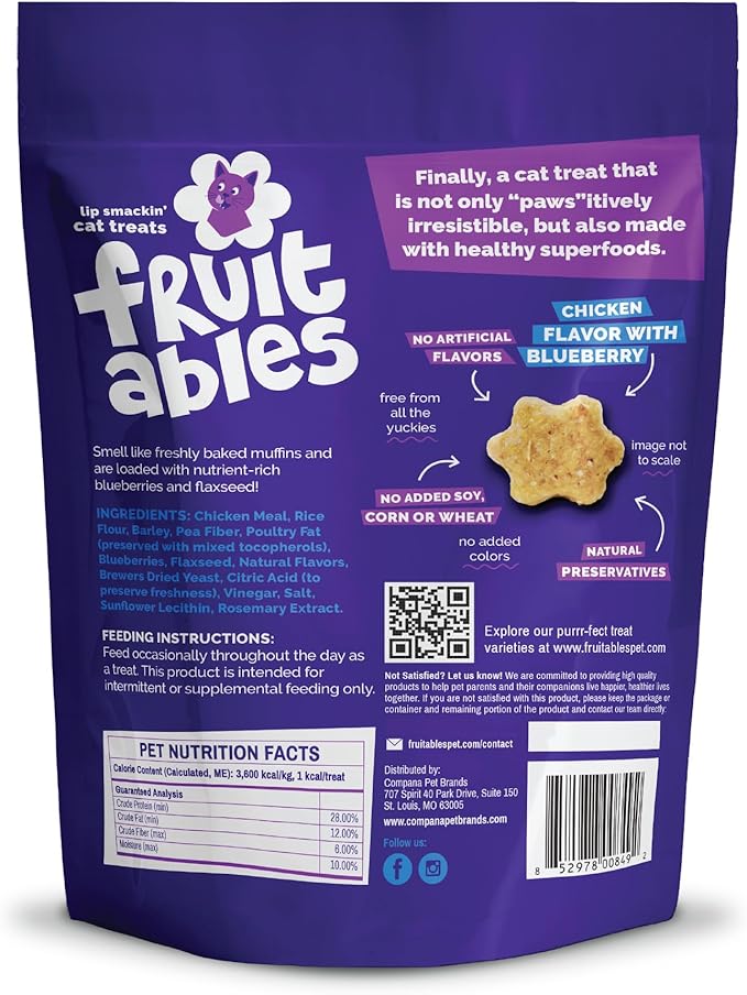 Fruitables Cat Treats, Healthy Treats For Cats, Low Calorie and Packed with Protein, Crunchy Biscuits, No Wheat, Corn or Soy, Made with Real Chicken and Blueberry, 2.5oz