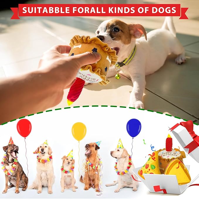 Birthday Dog Toys Crinkle Dog Toy Squeak Cake Toy Aggressive chew Toys for Puppy Sandwiches Pizza Party Dog Toy Interactive Birthday Toy with 3 Pack for Dog Birthday