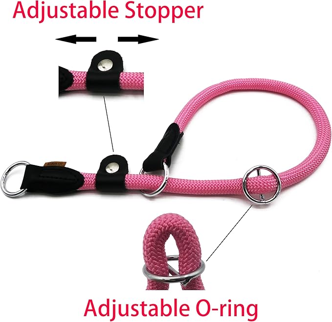 Braided Round Martingale Dog Collar, Training Collar with Slidable Stop Ring and Adjustable Stopper - Ideal for Small Dogs (S(1/4") - 14" Long, Pink)