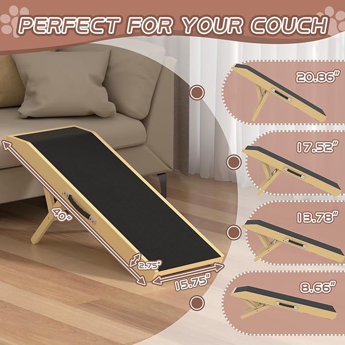 Dog Ramp for Couch, Dog Bed Ramp for Small Dogs, 4-Level Adjustable (8.6"-20.9") Foldable Pet Ramp, Wide Non-Slip EVA Surface with Glow Strips, Solid Birchwood 200Lbs