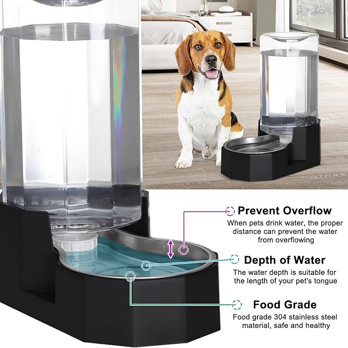 Sfozstra Large Dog Water Dispenser: 8L Automatic Black Stainless Steel Water Feeder with Specialized Brush - Gravity Design for Pets with Joint Issues - Use in Living Room Bedroom