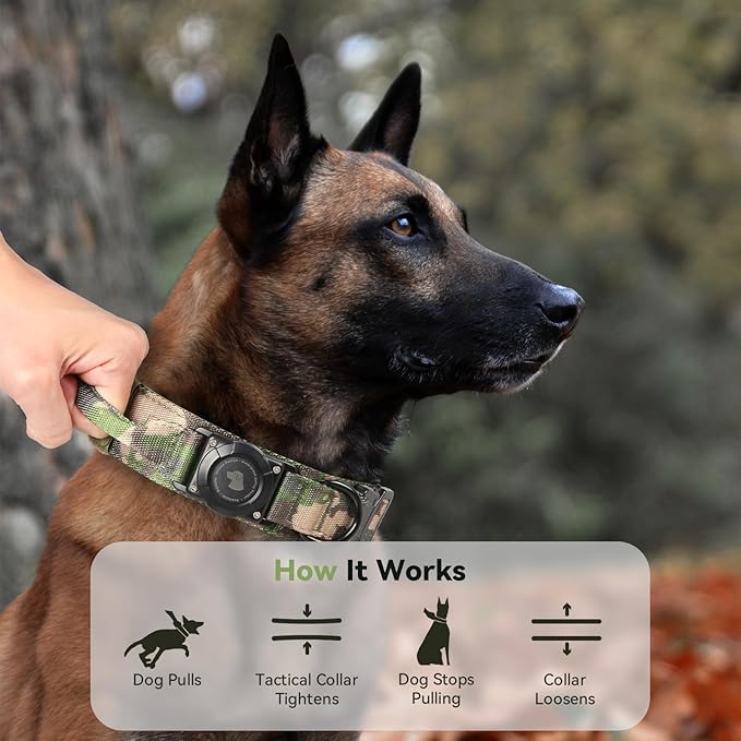 2025 Upgrade Waterproof AirTag Dog Collar, Military Tactical Dog Collar with AirTag Holder, Comfortable Control Handle and Metal Buckle, GPS Dog Collar Holder for Medium to Large Dogs (Camouflage, XL)