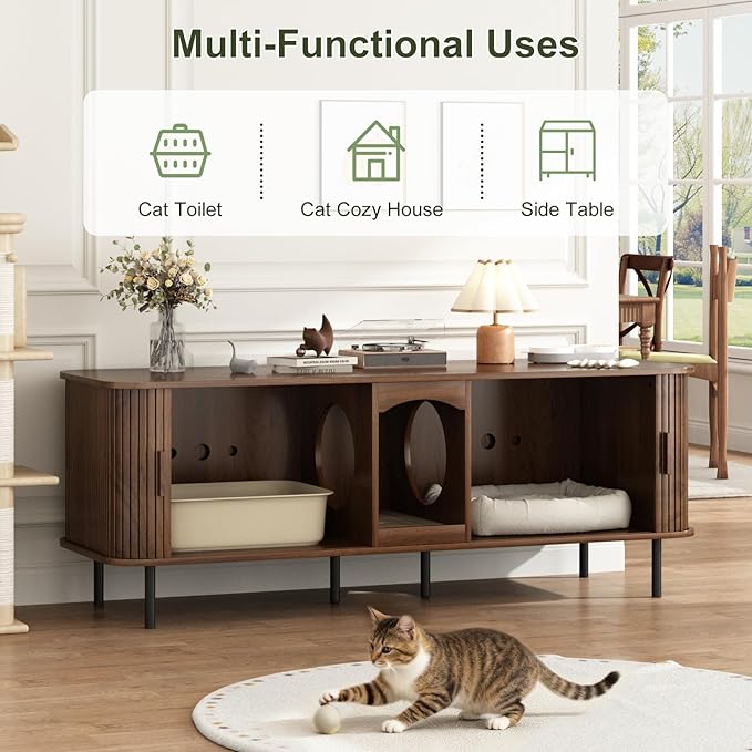Double Cat Litter Box Enclosure Furniture, 59" Large Hidden Litter Box Furniture with Scratching Pad, Wood Pet House for 2 Cats, Indoor Modern Cabinet TV Stand for Living Room, Walnut
