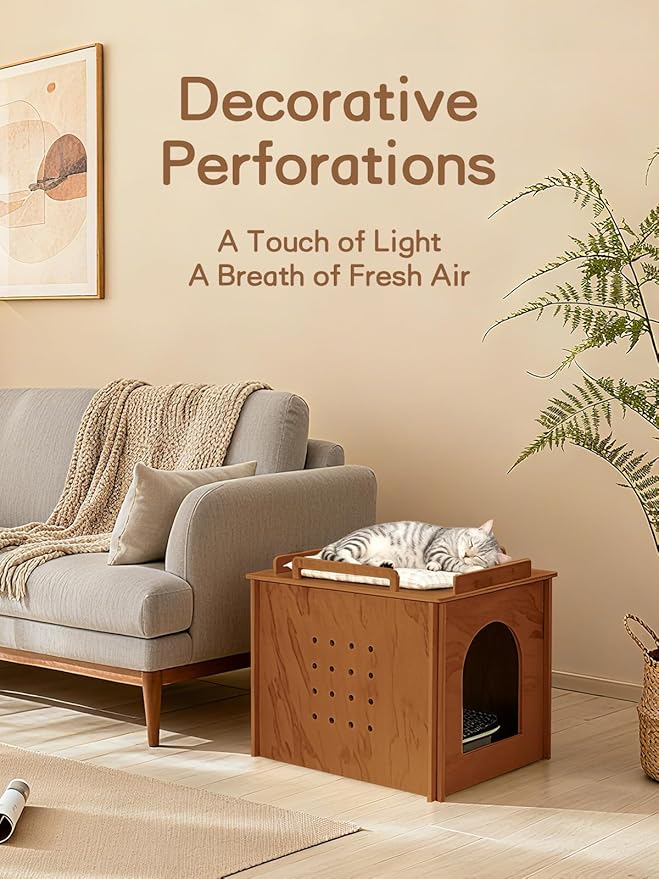 Wooden Cat Litter Box Enclosure, Hidden Litter Box Furniture with Litter Mat, Multi-Functional Cat House, for Living Room Bedroom Indoor, 23.2 x 17.7 x 19.3 inches, Walnut